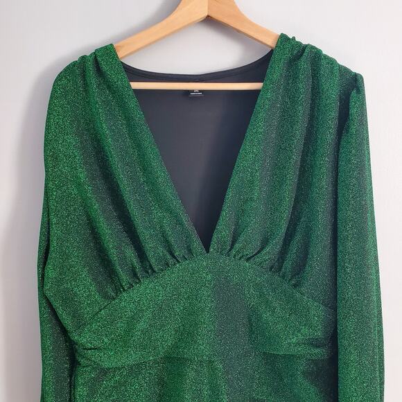 SHEIN Curve Bishop Sleeve Deep V Sparkle Bodysuit Green 2XL - Picture 3 of 8